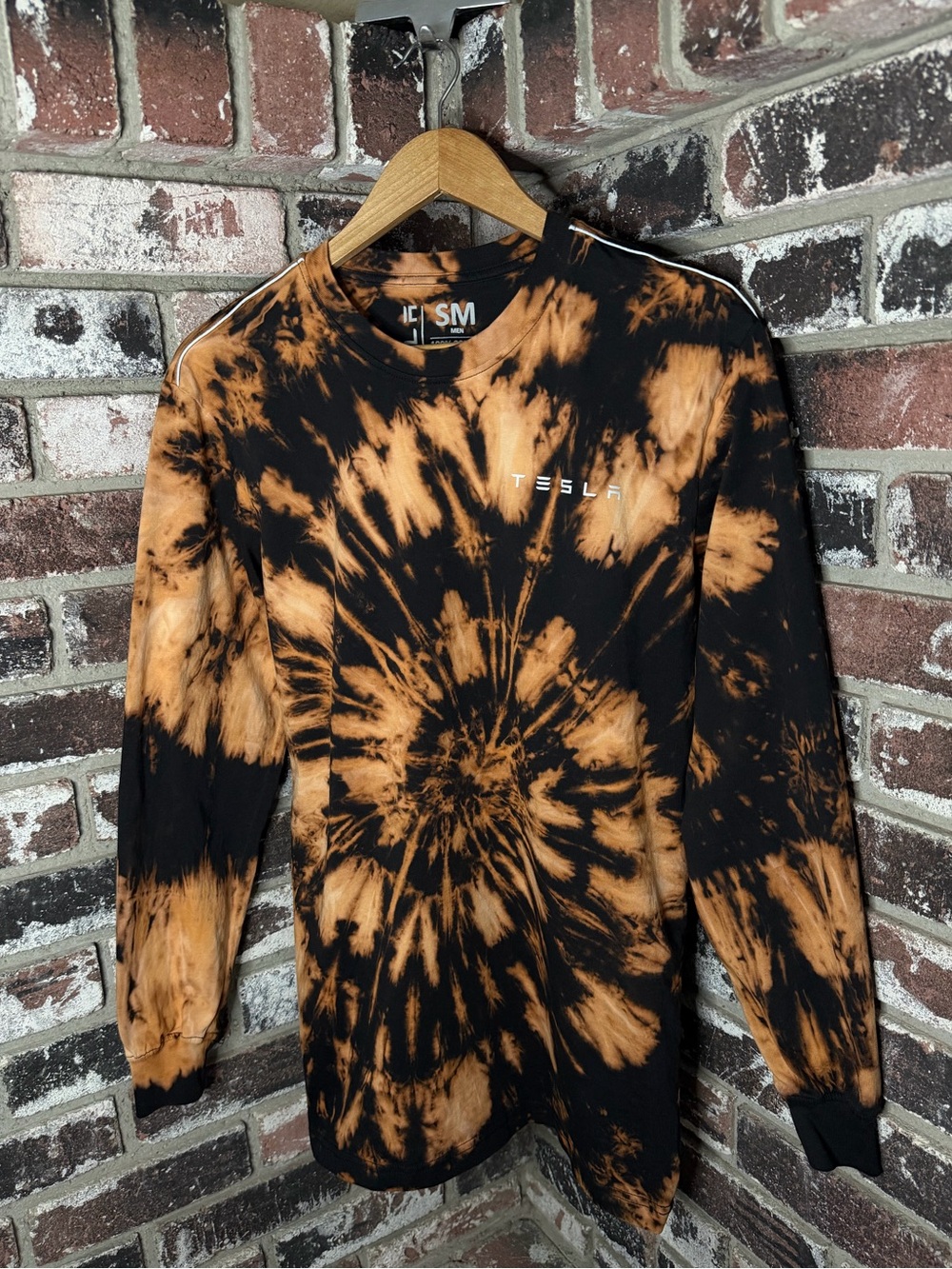 TESLA 3M Men’s Reflective Shoulder Strip Custom Bleach Tie-Dye Long Sleeve Tee